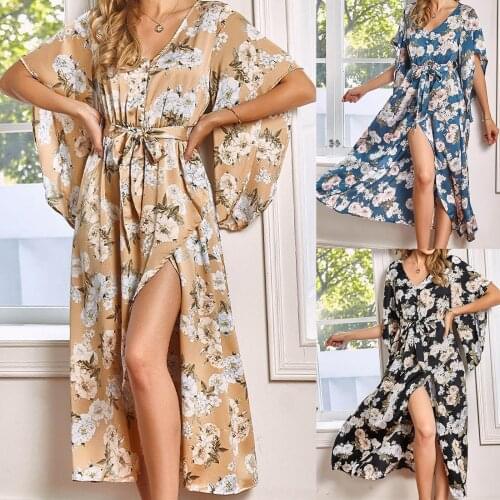 Relaxed and comfortable dress for women, womens summer printed V-neck flower dress, high waist split skirt robe femme SAGACE