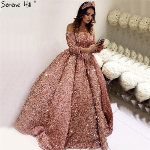 Serene Hill Dubai Rose Gold Luxury Wedding Dress 2020 Sequins Long Sleeves Bridal Gown Custom Made CHA2304