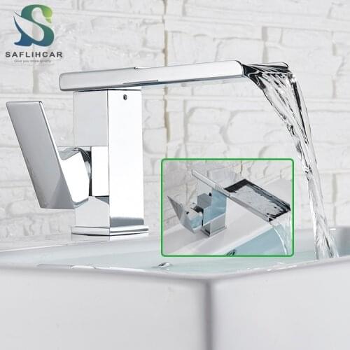 Waterfall Long Spout Chrome Basin Faucet Single Handle Brass Hot & Cold Water Mixer Tap Deck Mounted Crane Vessel Sink Taps