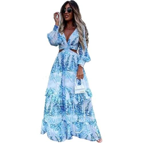 Woman Summer Long Sleeve Printed Hollow Out Maxi Dress Female Slim Plus Size Deep V Long Dress Elegant Loose Dress Vestidos 2021