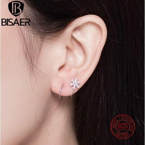BISAER Snowflakes Earrings 925 Sterling Silver Winter Snowflake Exquisite Stud Earrings for Women Cubic Zircon Jewelry ECE651