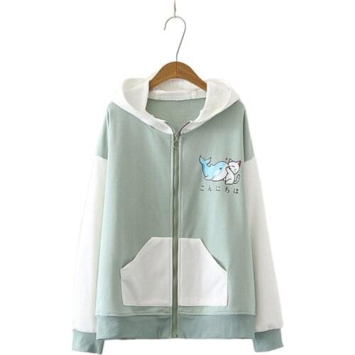 Japanese Preppy Style Women Color Matching Cartoon Cat Print Loose Sweatshirts 2021 Summer Thin Cardigan Hoodie 2113087