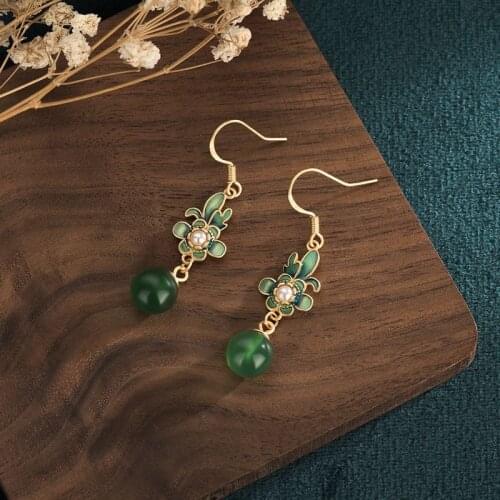 Chinese Style Dangle Earrings Vintage Green Chalcedony Cloisonne Flower Luxury Earrings for Women Jewelry Lucky Gift