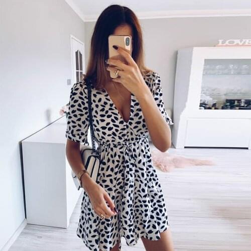 White Sand Spot Mini Summer Dresses Women V Neck Casual Beach Sundress Sexy Botton Wrap Bodycon Dress Female