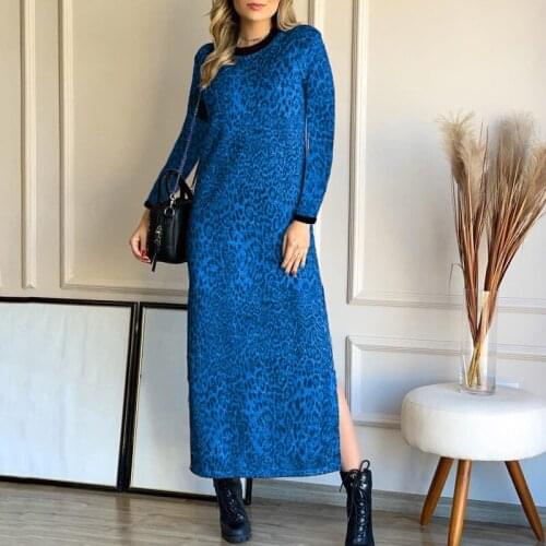Ladies Leopard Print TShirt Dress Casual O Neck Long Sleeve Holiday Autumn Dresses Fashion Loose Split Midi Dress Femme Vestidos