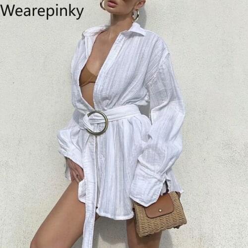 White Dress for Women 2021 New Bandage Vintage Casual Turn-down Collar Loose Long Sleeve Autumn Solid Sexy Big Shirt Dresses