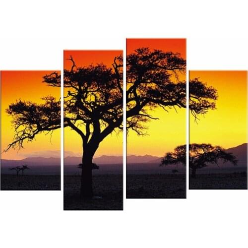 4 Panels Tree Wall Art High Definition Canvas Prints Modern Landscape Sunset Pictures to Photo Paintings on Canvas Artwork