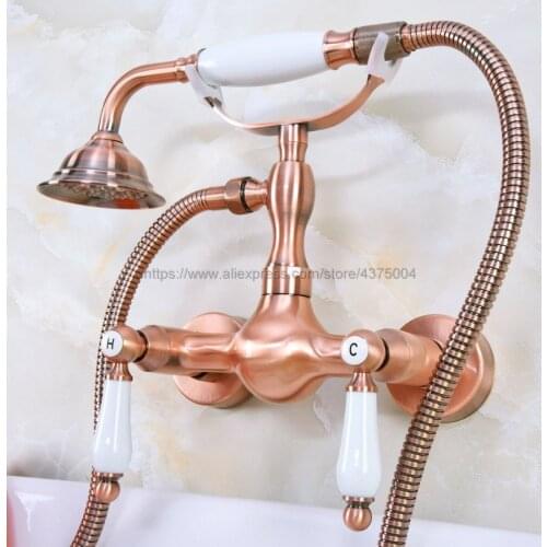 Antique Red Copper Wall Mounted Bathroom Faucet Mixer Tap With Ceramic Handle Hand Shower Head Shower Faucet Sets Nna308