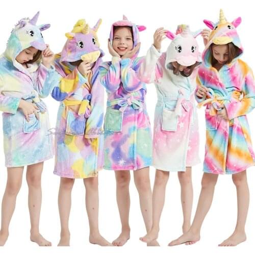 Winter Soft Warm Flannel Bathrobes Unicorn Animal for Boys Princess Girls Onesies Bath Robes Children Sleepwear Baby Nightgowns