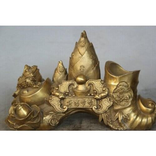 Free Shipping JP S0524 10" Chinese Brass Golden Toad Spittor bat bamboo flower Brush Pot pencil vase