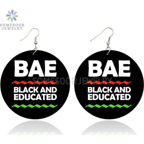 SOMESOOR BAE Black And Educated African Wooden Drop Earrings Inspire Power Sayings Both Sides Printed Wood Dangle For Women Gift