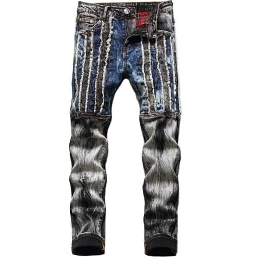 Mcikkny Fashion Men Hip Hop Pleated Jeans Pants Stretch Patchwork Denim Trousers For Male Streetwear Straight