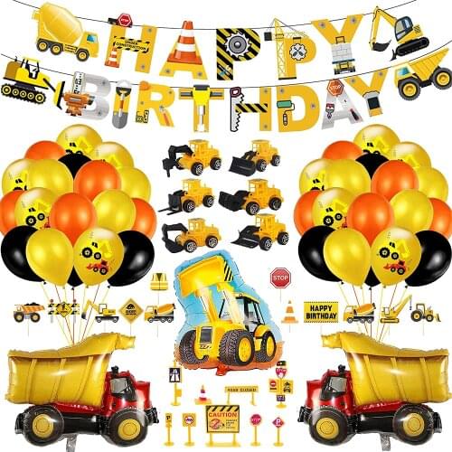 Excavator Theme Birthday Party Decoration Supplies Happy Birthday Banner Latex Aluminum Film Balloon Road Sign Cake Topper