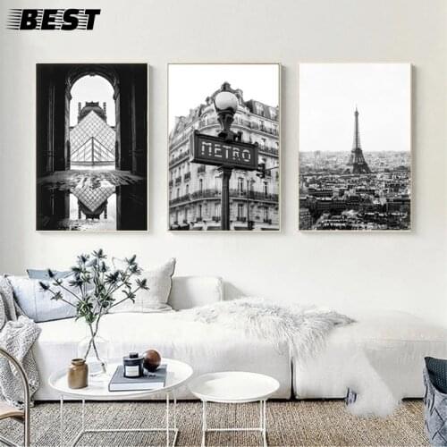 Preto branco paris paisagem fotografia impressão cartaz torre eiffel metro slogan pintura em tela quadros de arte da parede deco