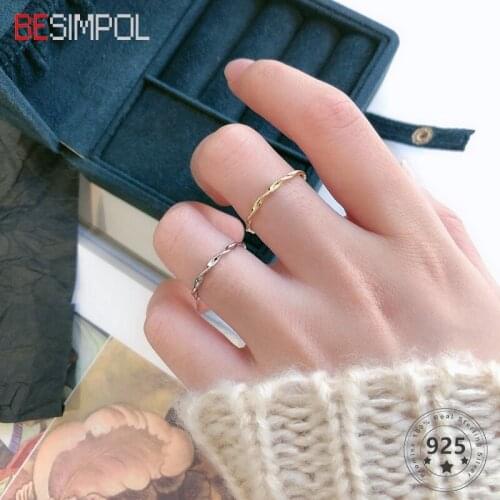 Besimpol Real 925 Sterling Silver Thin Wave Rings Minimalist Small Adjustable Open Ring for Women Simple Wedding Fine Jewelry