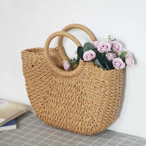 Summer Handmade Bags for Women Beach Weaving Ladies Straw Bag Wrapped Beach Bag Moon shaped Top Handle Handbags Totes