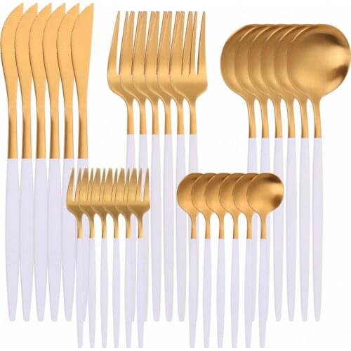 Matte White Gold Stainless Steel Cutlery Spoon Fork Knife Dinnerware Set Tableware Western-Style Dinner Service Kitchen Utensils