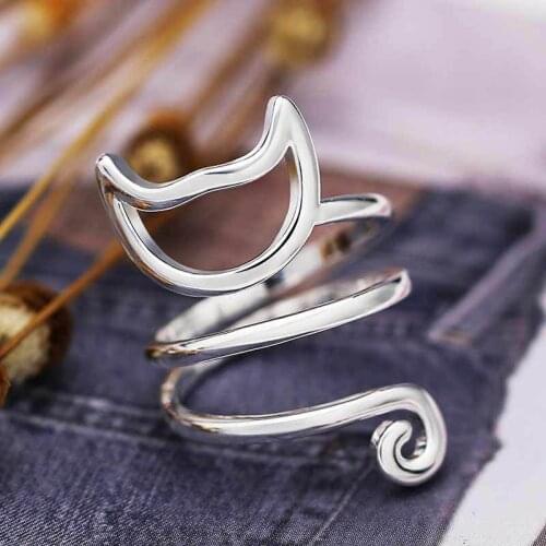 Fashion Bohemian Ethnic Silver Cat Open Ring Womens Glossy Winding Cute Cat Ring Christmas Gift Party Cocktail Party Jewelry
