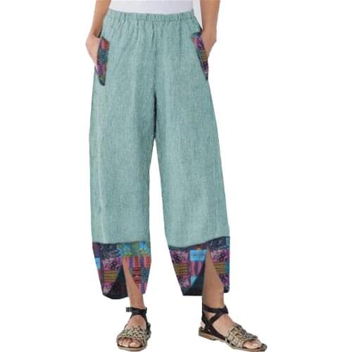 Fashion Women Casual Pants Printed Patchwork Bohemia Wide Leg Pockets Irregular Trousers pantalones de mujer брюки женские 2021