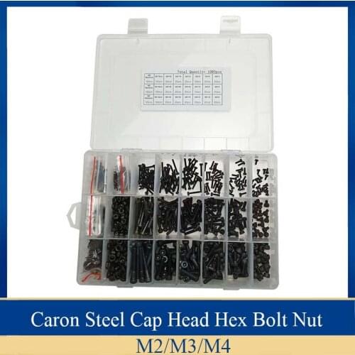 1080Pcs Carbon Steel Cap Head Hex Screw Nut Bolt Flat Washer Wrench Combination Black Set