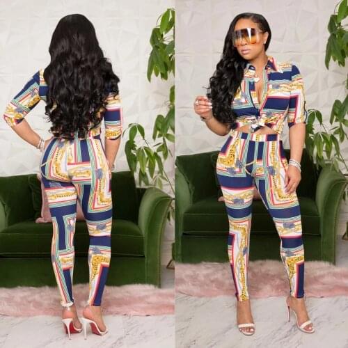 New Arrival Women Clothing V-neck Long Sleeves Jumpsuit Two Pieces Set Print Casual Outfit