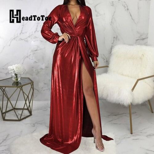 Glitter Sexy V Neck Long Sleeve High Slit Maxi Party Dress Women Turn Down Collar Twist Waist Club Dress