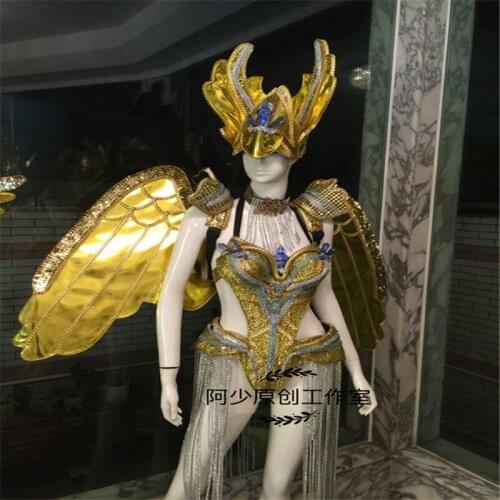 S9E Gold mirror wings ballroom dance led costume luminous white light bodysuit stage wears performance dresses clothe club show