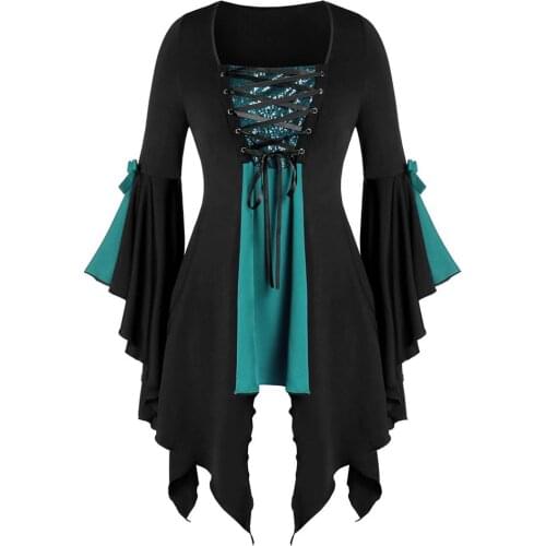 Autumn and Winter Fashion New Dress Tops Halloween Contrast Color Trumpet Sleeves tops Sequins Cross Straps Goth Plus Size 3XL