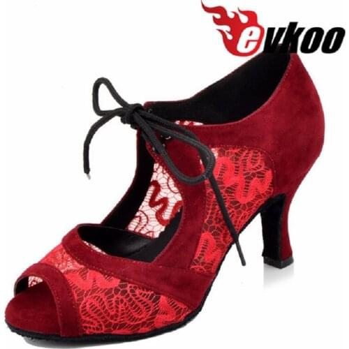 Evkoodance Zapatos De Baile Size US 4-12 Heel Height 7cm Professional Red/black Nubuck With Mesh Women Latin Shoes Evkoo-504
