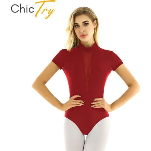 ChicTry Women Solid Color Dancewear Gymnastics Leotard Competition Ballet Dance Costume Mock Neck Short Sleeve Backless Bodysuit