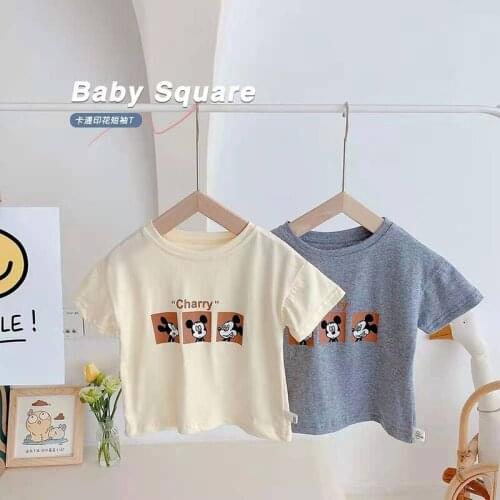 2021 Disney Children Cartoon Boy T-shirt Summer Fashion Unisex Mickey Mouse Letter T-shirt Girl Toddler Beige Short Sleeves Tees