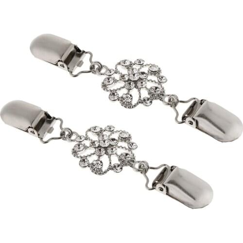 2x Women Ladies Elegant Crystal Rhinestone Cardigan Sweater Clips Flower Shape Blouse Shirt Collar Clip