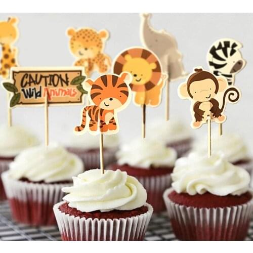 48pcs/set Wild Animal Cake Topper Jungle Theme Party Decorations Kids Cupcake Decorating Picks Lion Monkey Zebra Baby Shower