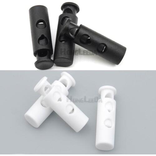 70 pcs / lot K-344F black/white plastic round ball cord lock toggles 2-hole spring stoppers 7mm bungee shock cord free shipping