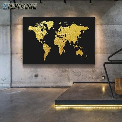Abstract Colorful Gold Foil Map Canvas Painting Creative Tableaux Fashion Wall Art Picture for Living Room Big Poster and Print