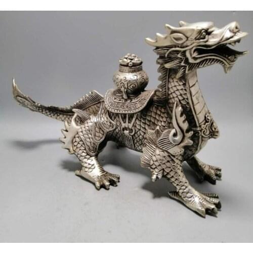 Antique Chinease Qing Dynasty Qilin dragon silver statue decoration ornaments, Free shipping