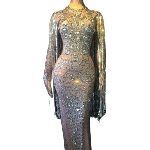 Rhinestone Tassel Long Dress Elegant Silver Evening Dress Women Prom Wedding Engagement Formal Costume Party Celebration Dress