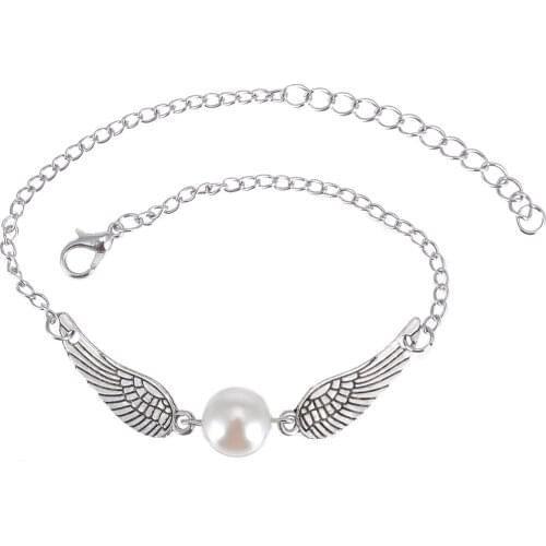 Women Vintage Simulated Pearl Bracelet Bangle Gothic Punk Metal Angel Wing Chain Link Bracelet Charm Party Jewelry Accessories
