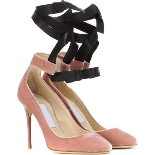 Hongyi new year spring sweet pink black suede leather shallow cut stiletto heel dress pumps ankle strap lace up party shoes
