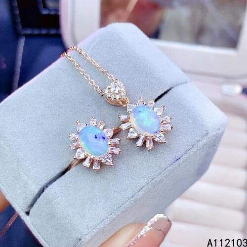 KJJEAXCMY fine jewelry 925 sterling silver inlaid natural opal Girl elegant beautiful Chinese style flower gem ring pendant suit