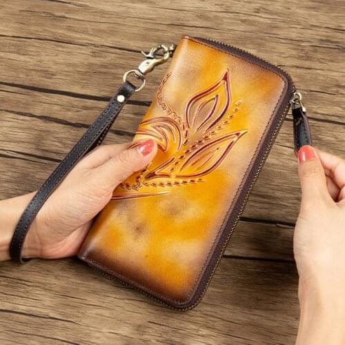 Genuine Leather Women Clutch Wrist Bag Purse ID/Credit Cards Zipper Retro Multi-purpose Female Long Wallet Handy Bags New