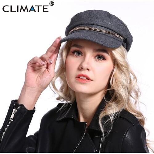 CLIMATE Women Fashion Navy Cap Military Sailor Army Caps Punk Rivet Hat Cool Woolen Warm Caps Zipper Marine Hat Caps for Woman
