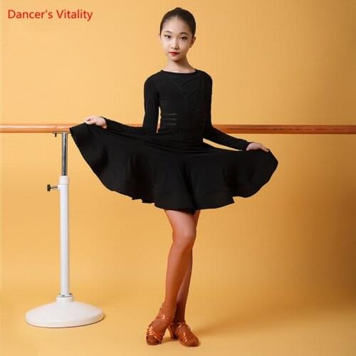 Latin Dance Costumes Girl Temperament Round Neck Dress Clothing Children Stage Profession Long Sleeve Competition Skirt