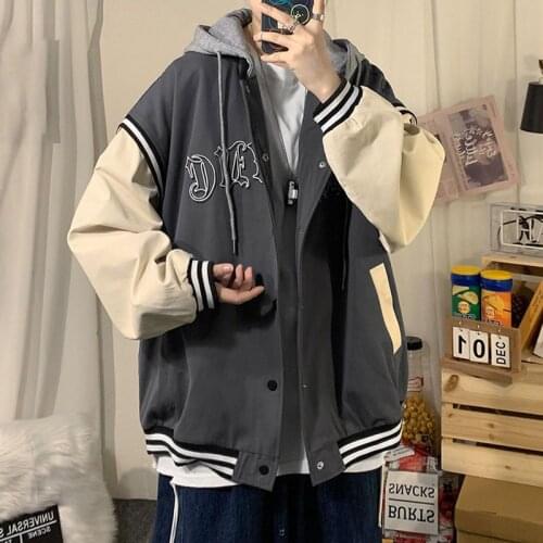Spring autumn fake two-piece boy jacket Korean trend loose couple baseball uniform Hong Kong style hip hop aesthetic wrap coat