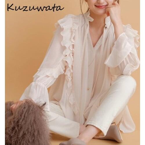 Kuzuwata Autumn 2021 New Womens Blouses Japanese Sweet Shirts Solid V Neck Drawstring Ruffled Multilayer Long Sleeve Blusas