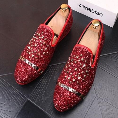 NEW Men Loafer Rivet sequins slip on comfortable Flats Leather Shoes Man Dress wedding Homecoming Prom Shoes b80