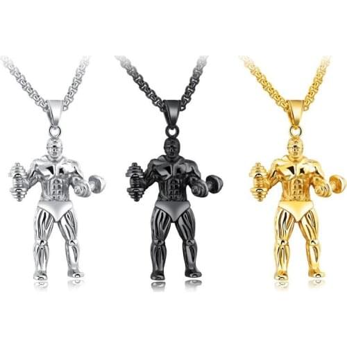 Exaggerated Trend Fitness Muscle Men Dumbbell Necklace Gold Sports Stainless Steel Pendant Fashion Punk Party Jewelry