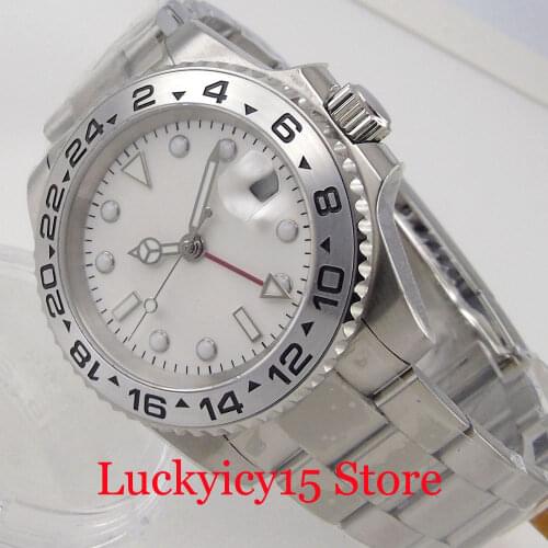 BLIGER 40mm White GMT Mechanical Men Watch Brushed Strap Alloy Insert Sapphire Crystal Screwdown Crown
