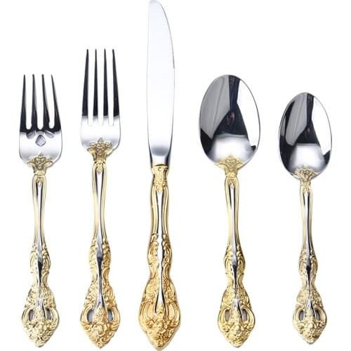 5pcs Gold Kitchen Tableware Cutlery Set Silver Cutlery Set Stainless Steel Luxury Dinnerware Fork Spoon Knife Western Dinner Set