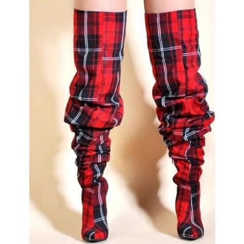 Newest Red Plaid Pleated Over The Knee Boots Pointed Toe Low Heels Tight High Boots Zipper Dress Shoes Size 44